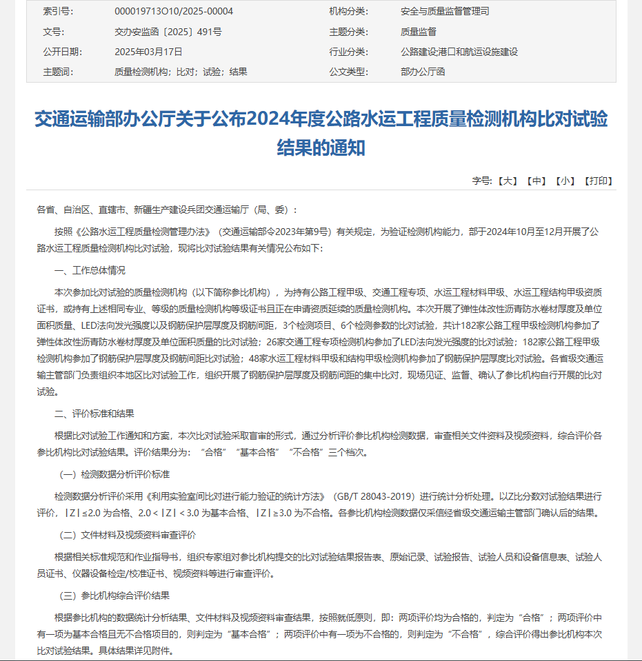 振通檢測(cè)順利通過(guò)交通運(yùn)輸部公路2024年度公路水運(yùn)工程質(zhì)量檢測(cè)機(jī)構(gòu)比對(duì)試驗(yàn)